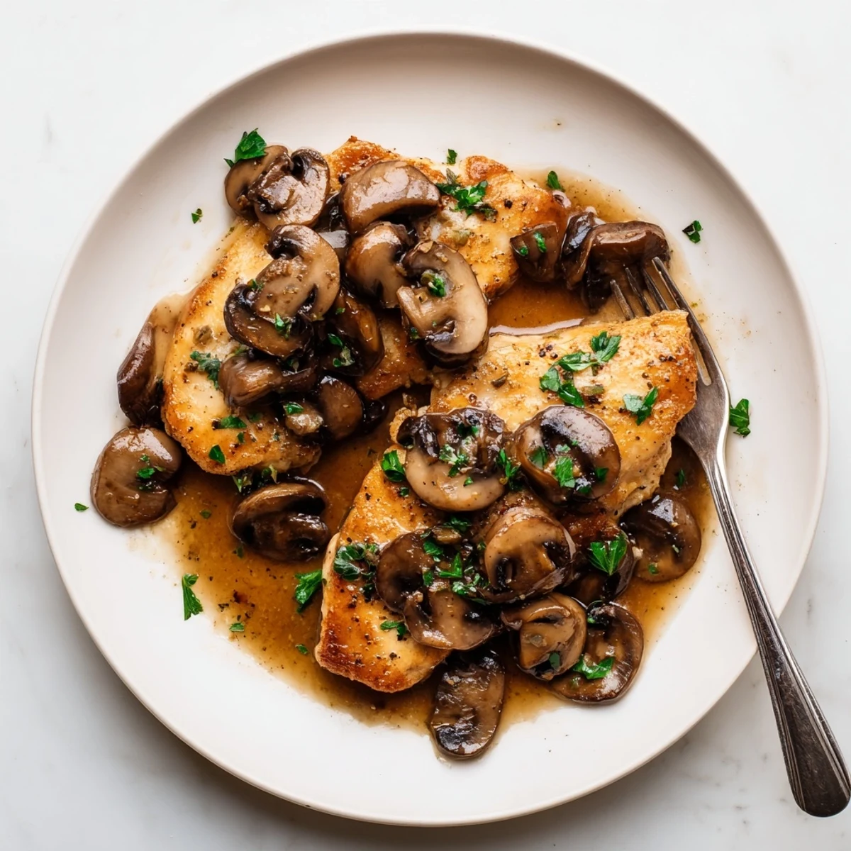 Golden pan-seared dairy free Chicken Marsala smothered in a savory mushroom wine sauce