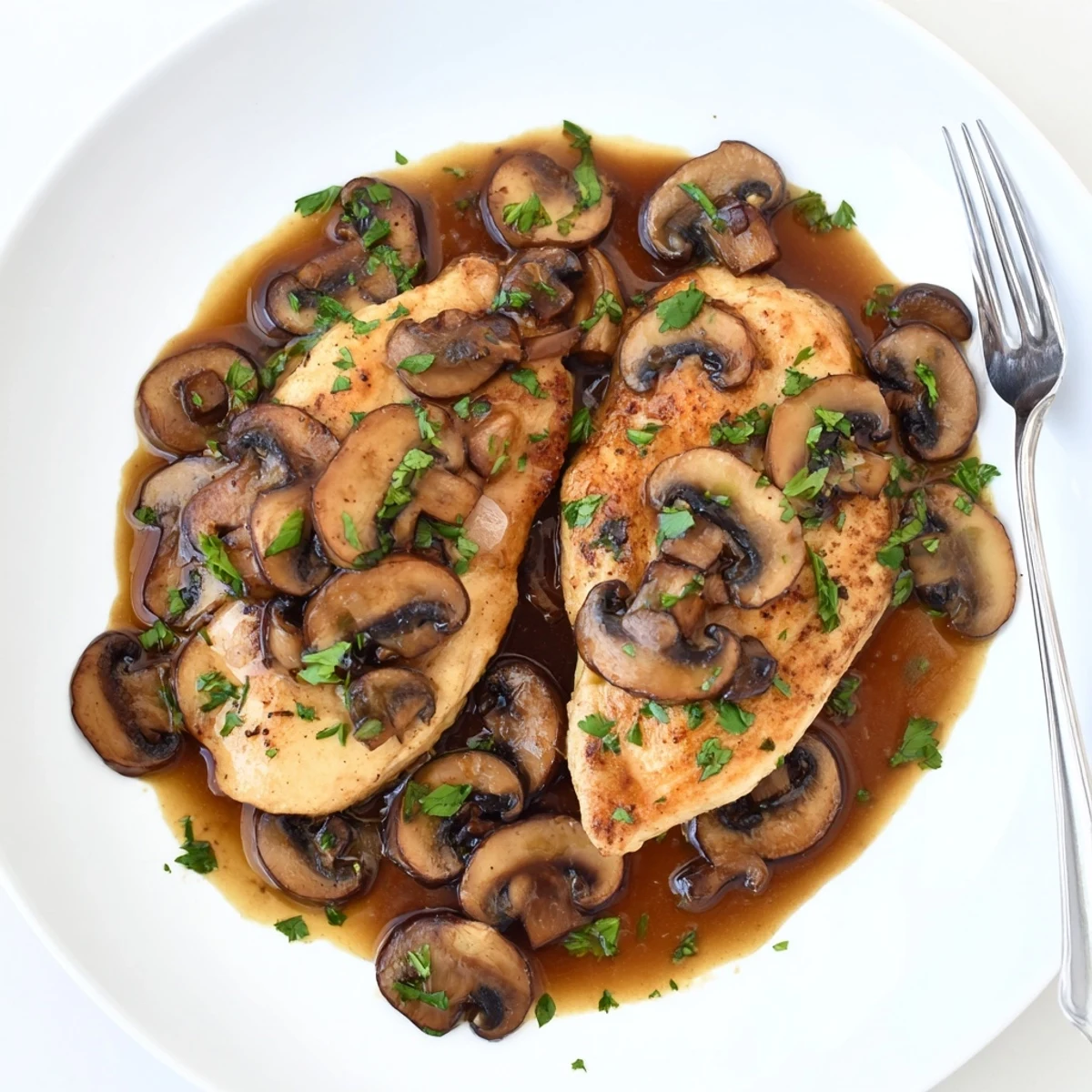 Tender breaded dairy free Chicken Marsala with caramelized cremini mushrooms and fragrant garlic