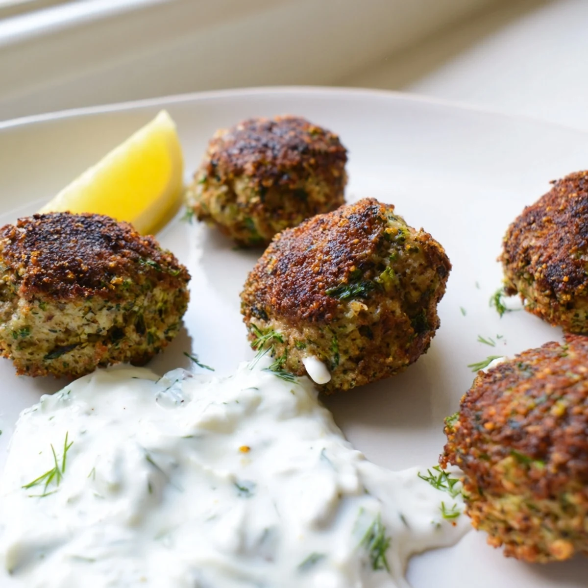 Golden Greek turkey meatballs with herby seasoning nestled beside cool, creamy tzatziki sauce