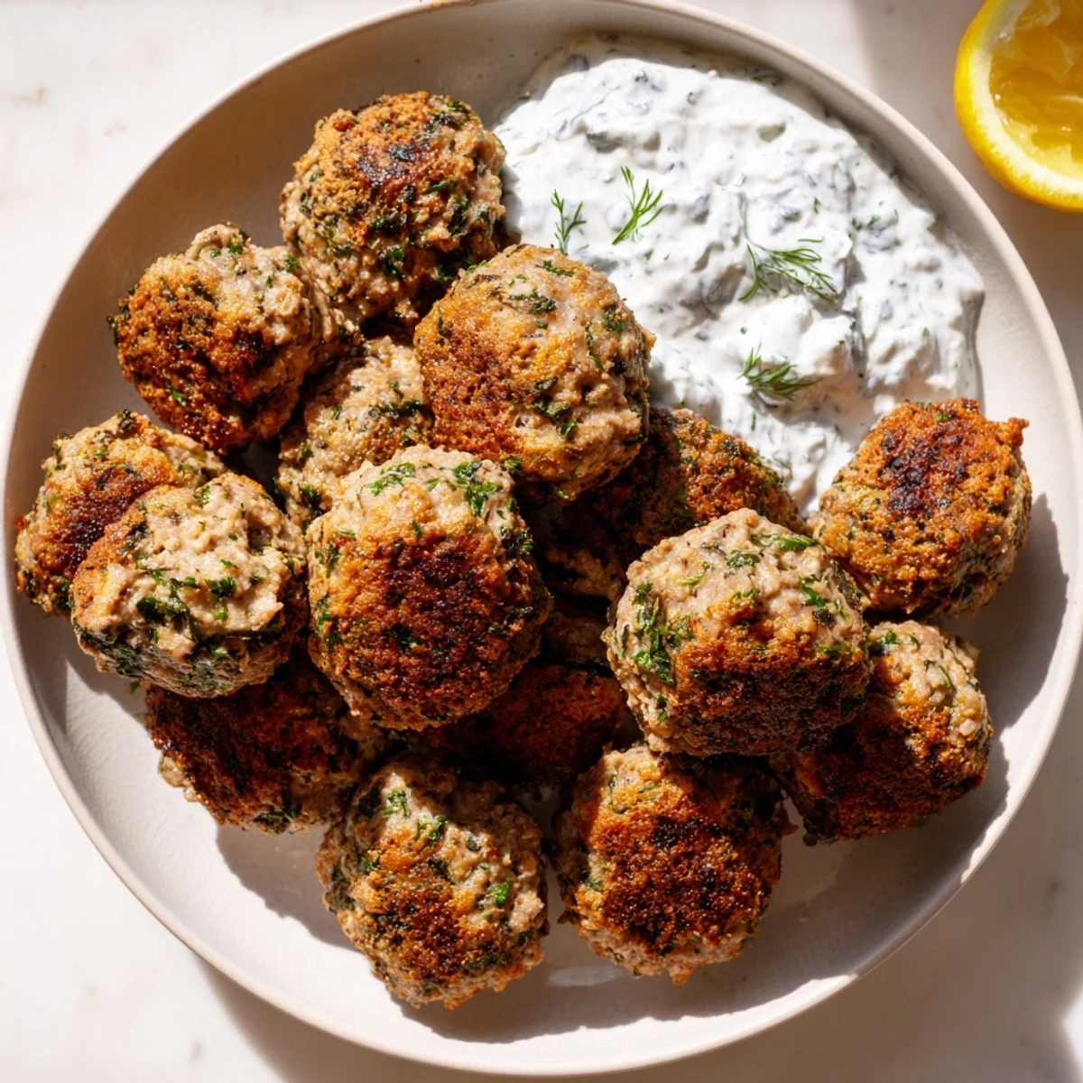 Juicy pan-seared Greek turkey meatballs drizzled with tzatziki on a rustic serving plate