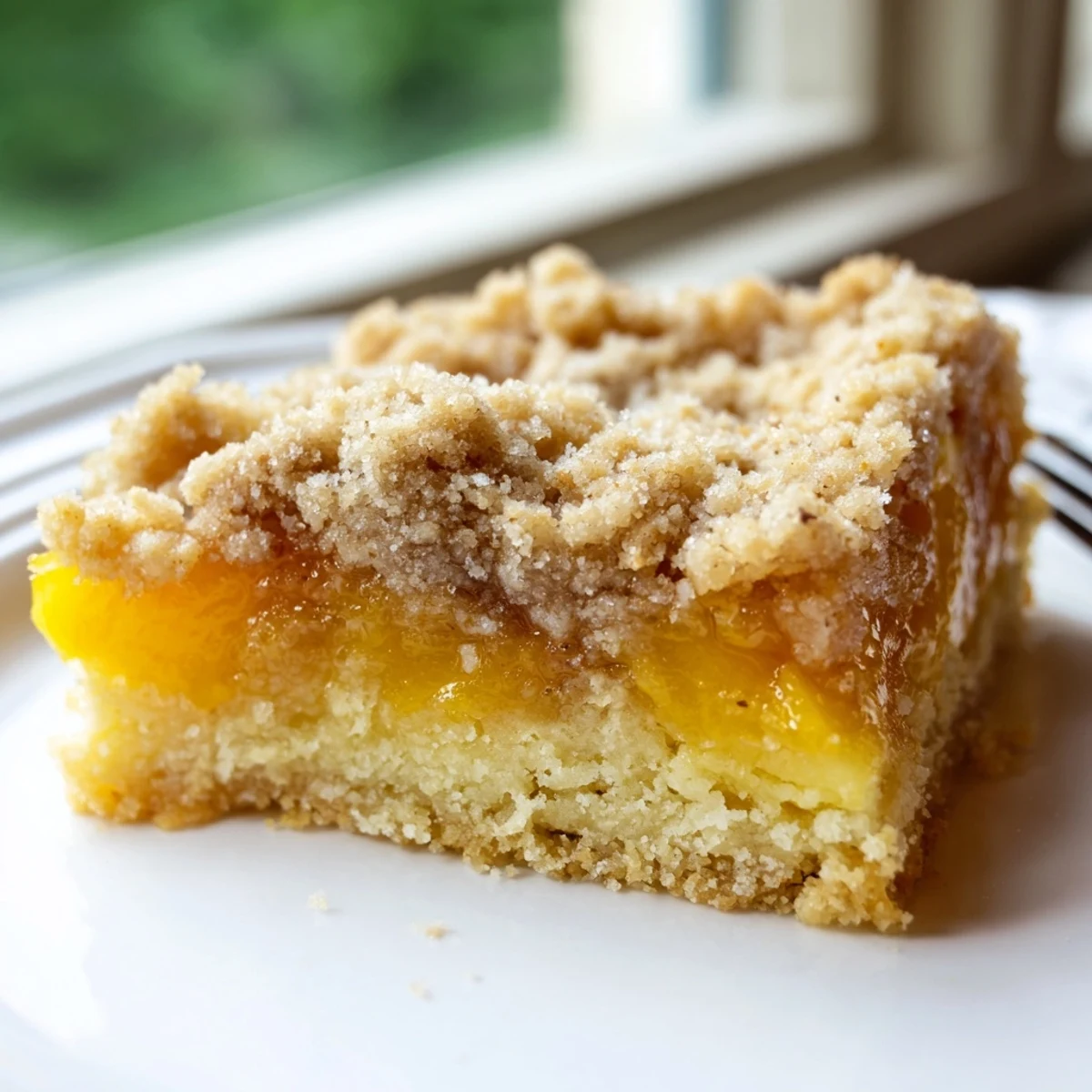 Golden sweet and buttery peach bars with cinnamon streusel, fresh from the oven