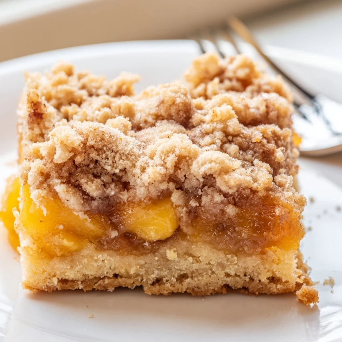 Sweet and buttery peach bars with cinnamon streusel on a rustic plate