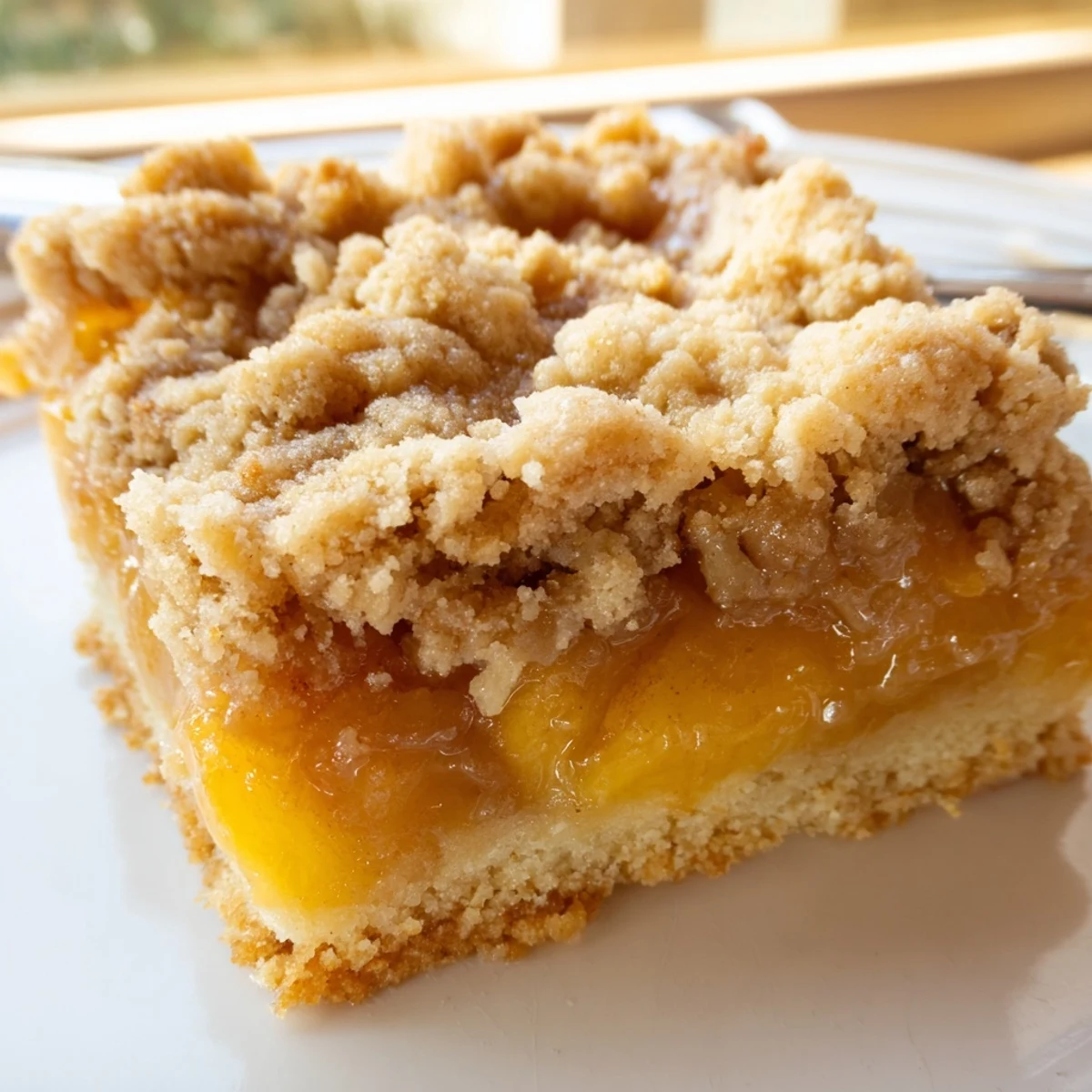 Chewy sweet and buttery peach bars with cinnamon streusel, dusted with powdered sugar