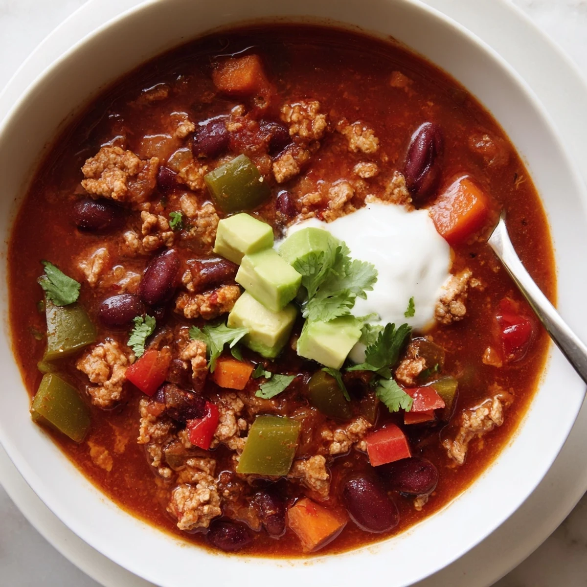 Thick hearty diabetic chili simmering in a cast iron Dutch oven