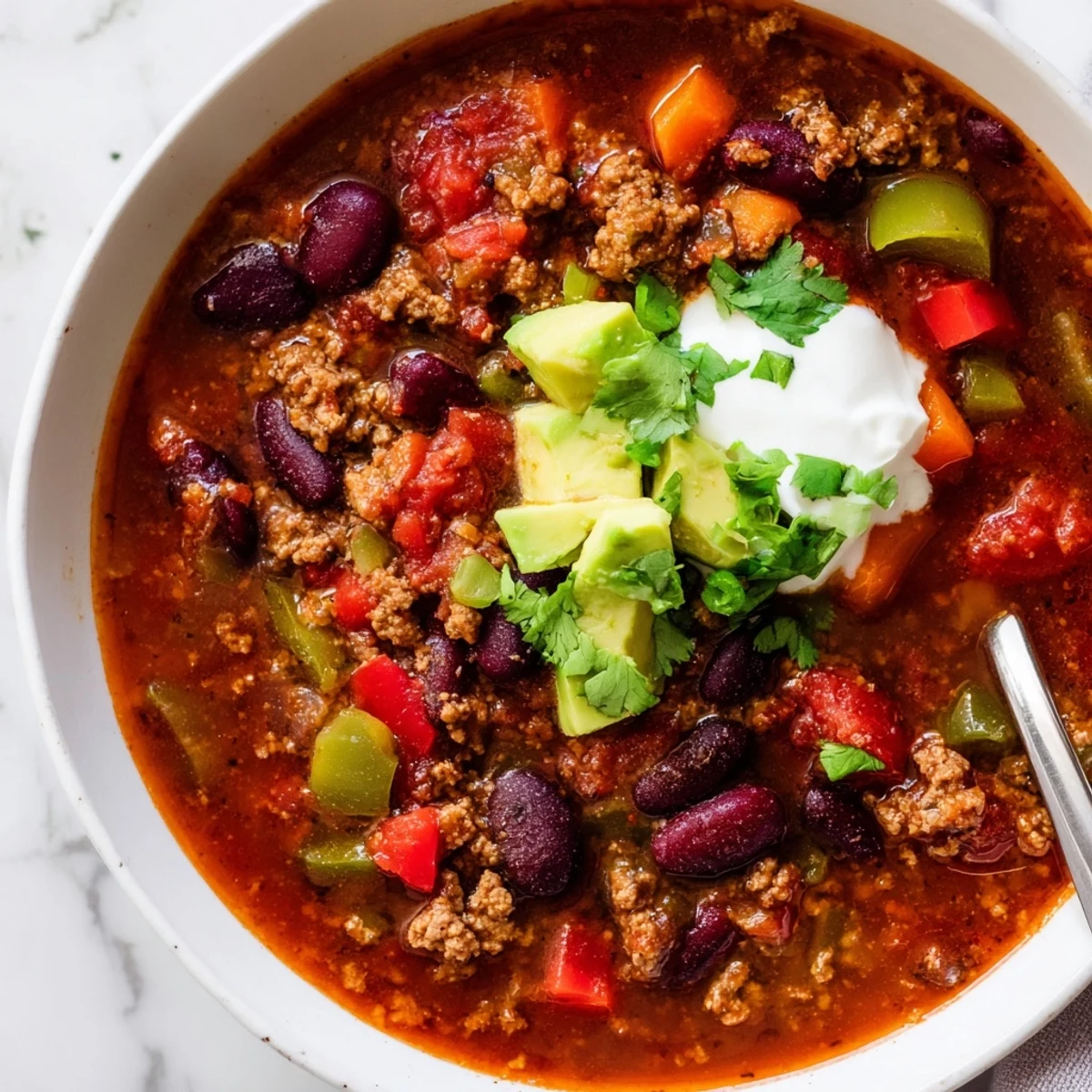 Steaming bowl of diabetic chili topped with fresh avocado and cilantro