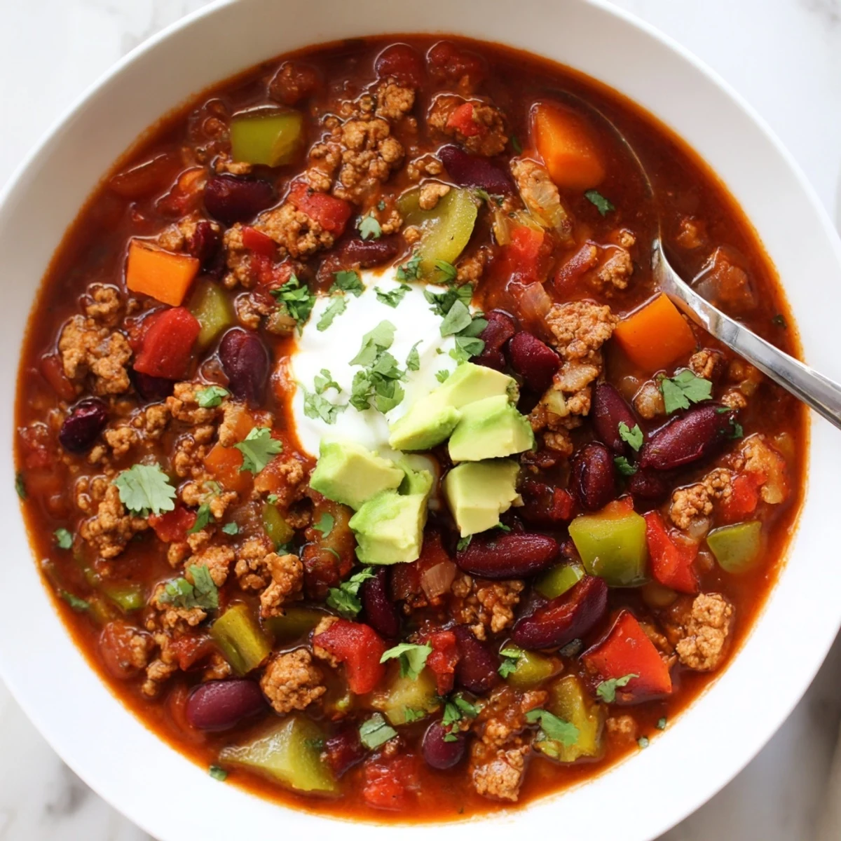 Colorful diabetic chili loaded with beans peppers and lean ground turkey