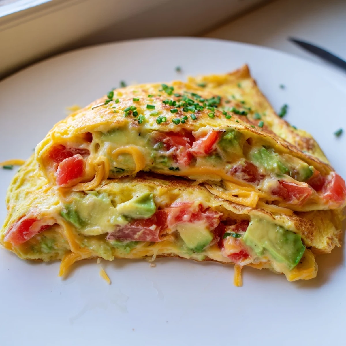 Golden folded creamy avocado cheesy tomato omelette topped with fresh chives on a white plate