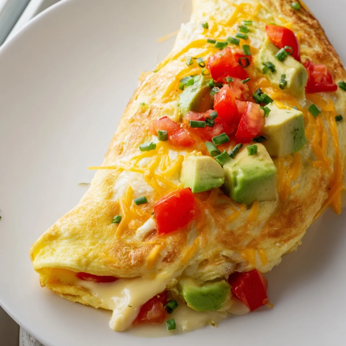 Steaming creamy avocado cheesy tomato omelette cut open to reveal gooey cheese and bright diced tomato filling