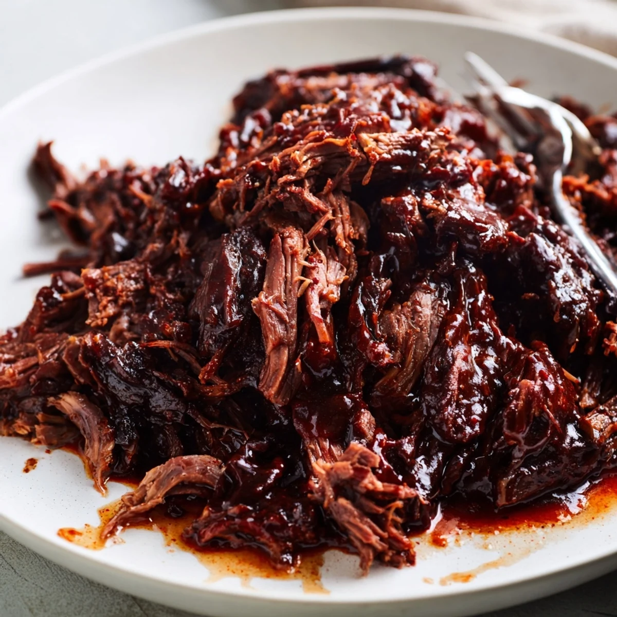 Slow cooker BBQ pulled beef piled high on a toasted bun with creamy coleslaw