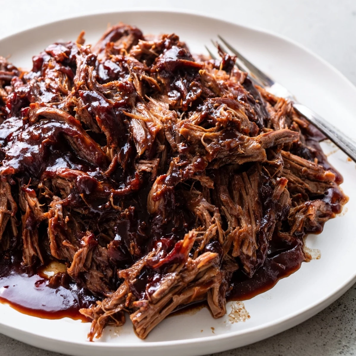 Tender shredded slow cooker BBQ pulled beef glistening in rich, tangy barbecue sauce