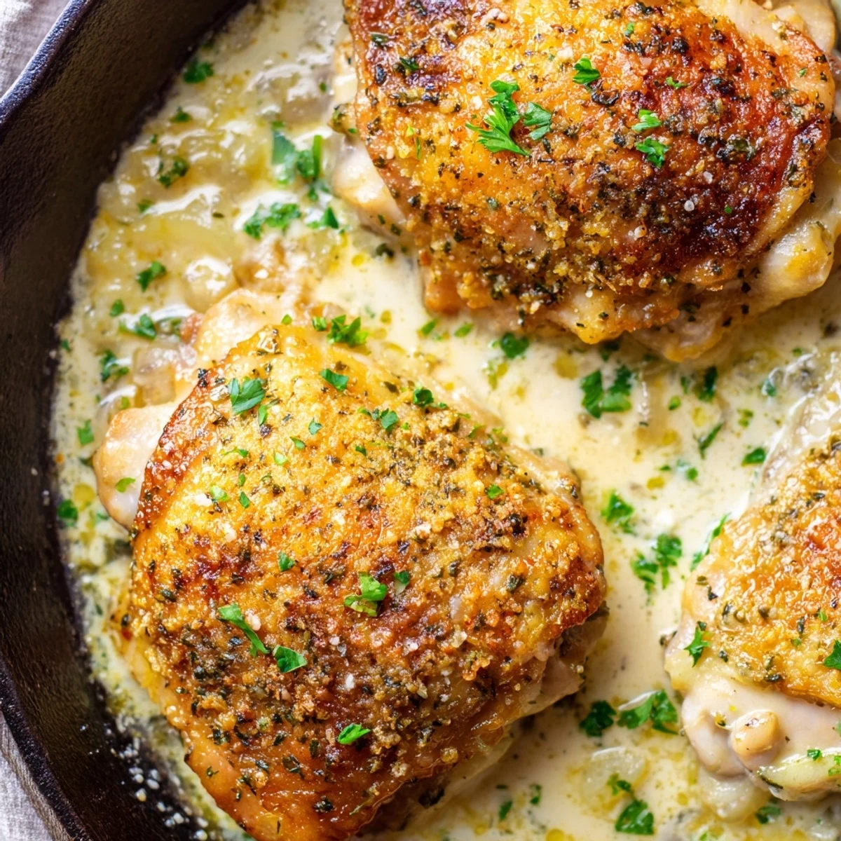Golden skinned creamy oven baked chicken thighs in bubbling parmesan herb sauce