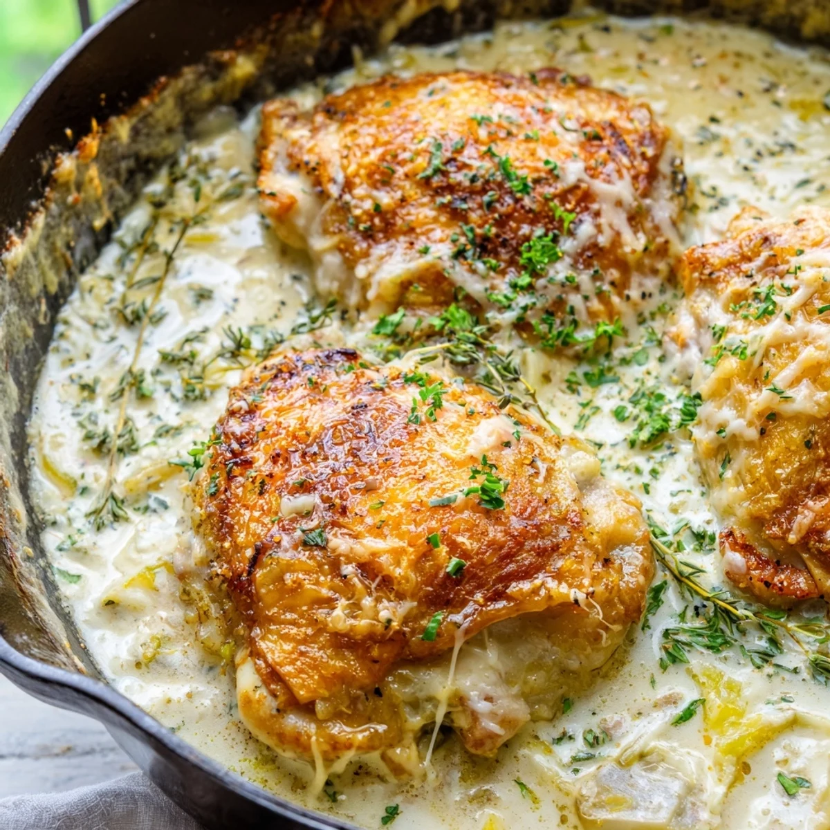Creamy oven baked chicken thighs resting in rich garlic parmesan sauce with parsley garnish