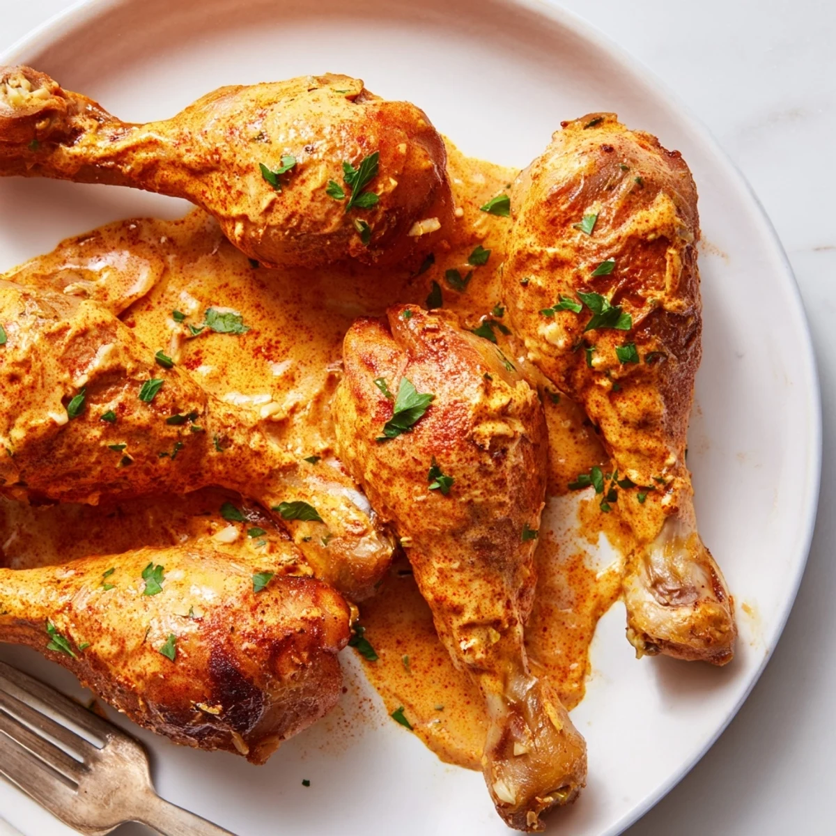 Golden creamy paprika chicken drumsticks in a rich skillet sauce with fresh parsley garnish