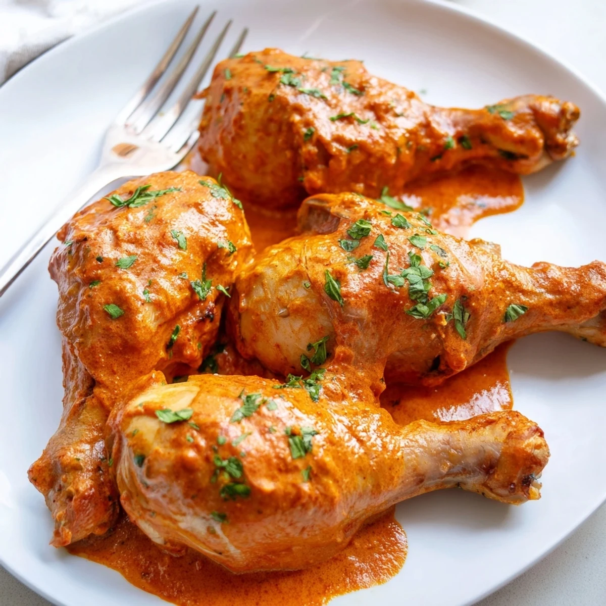 Juicy paprika chicken drumsticks coated in smoky cream sauce resting in a cast iron skillet