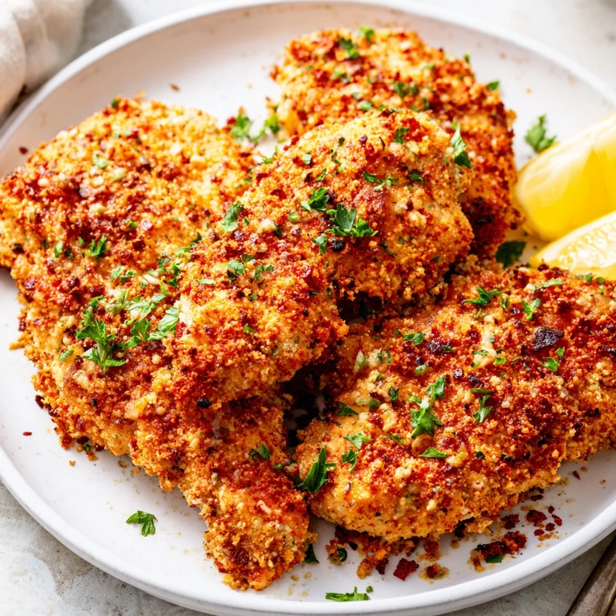 Smoky crusted Paprika Parmesan Chicken plated with bright lemon wedges and fresh parsley.