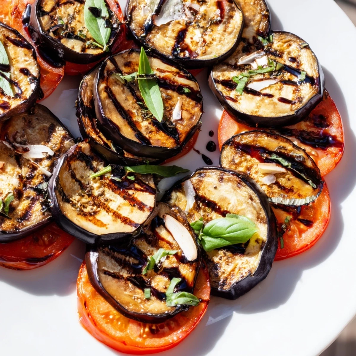 Smoky grilled tomato eggplant layered on a platter with fresh basil leaves