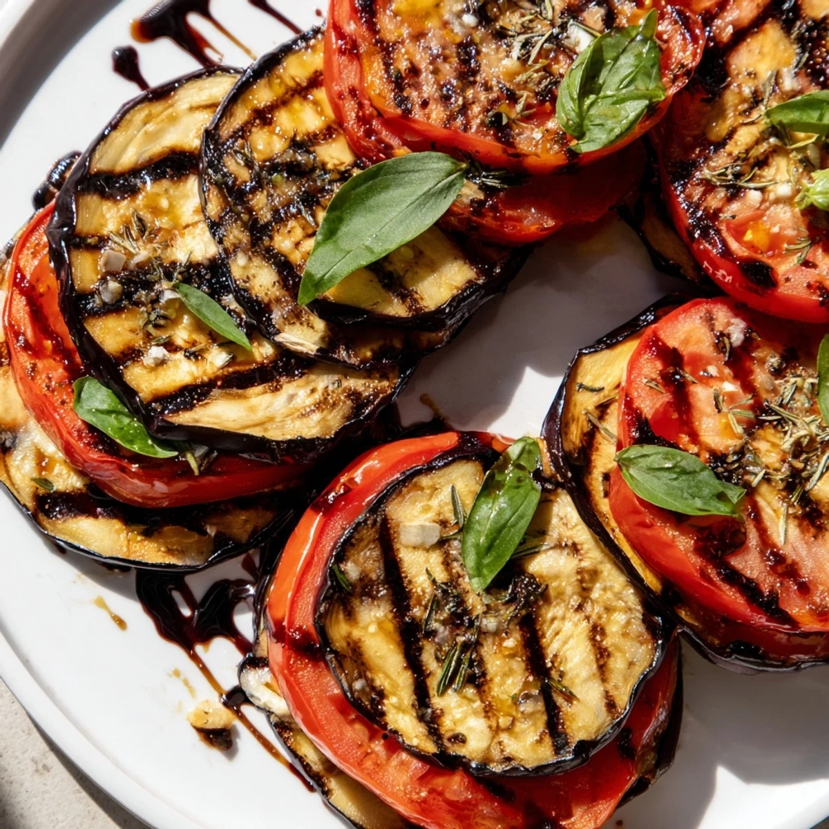 Charred grilled tomato eggplant stacked alternately showing beautiful crosshatch grill marks