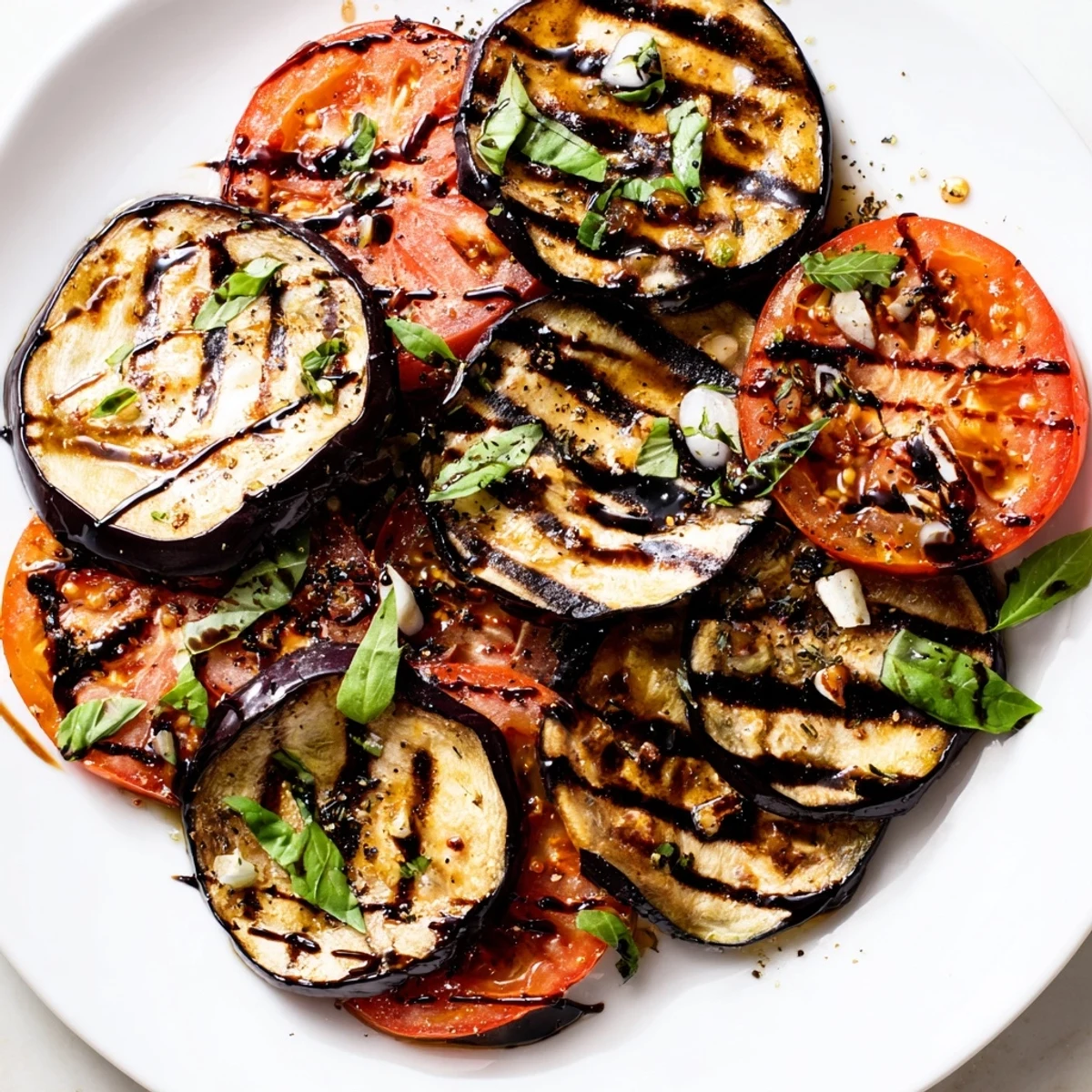 Tender grilled tomato eggplant drizzled with balsamic glaze and garnished beautifully