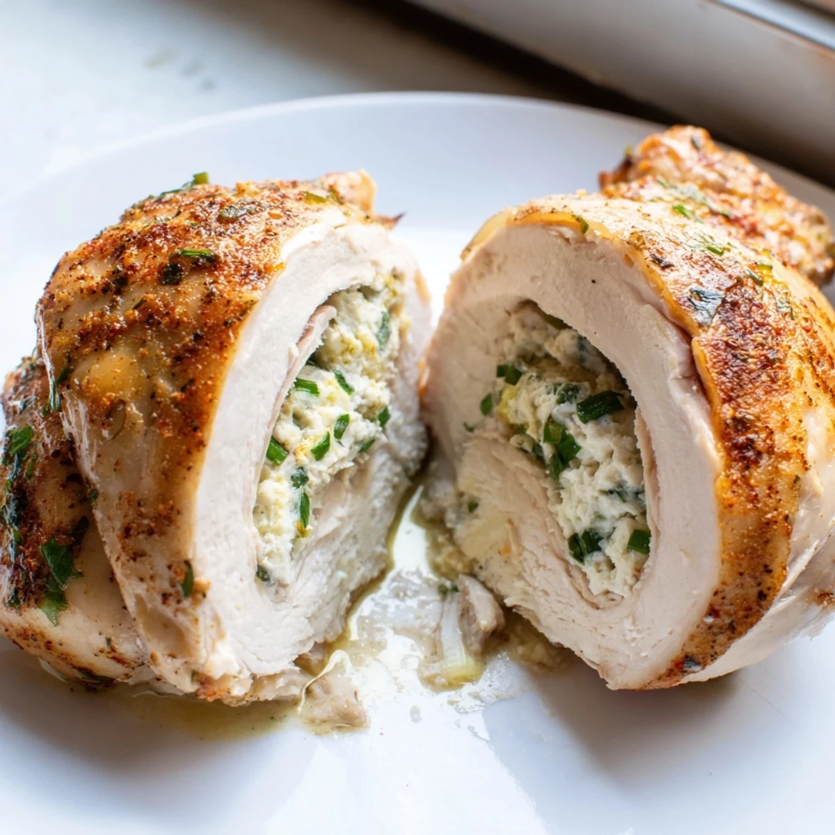 Golden goat cheese chicken breasts stuffed with herbs and baked until juicy