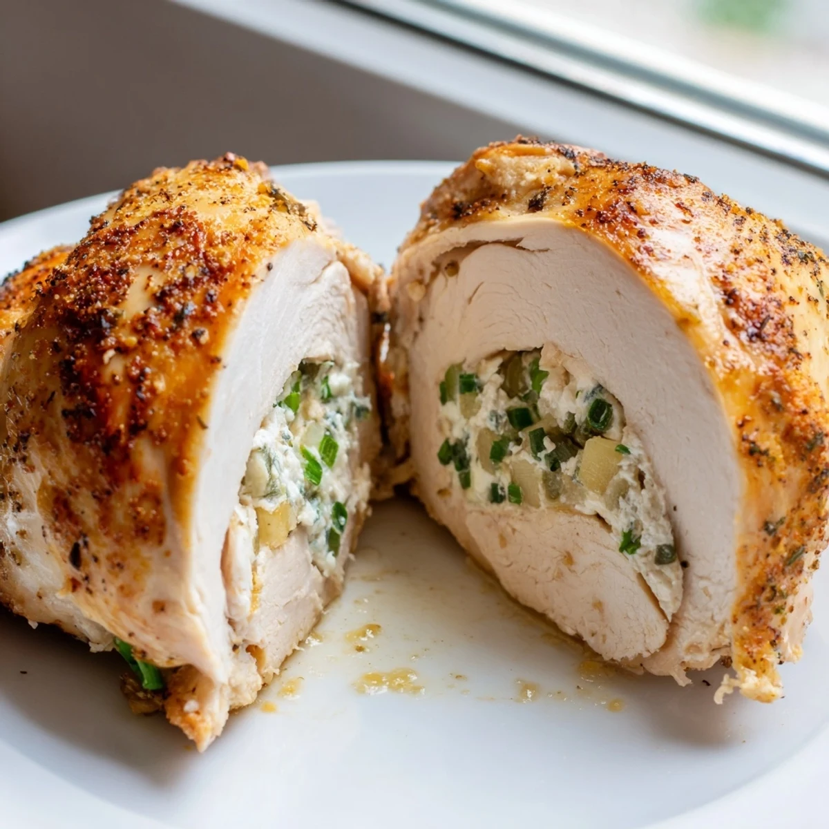 Creamy goat cheese oozes from tender herb-crusted chicken fresh out the oven