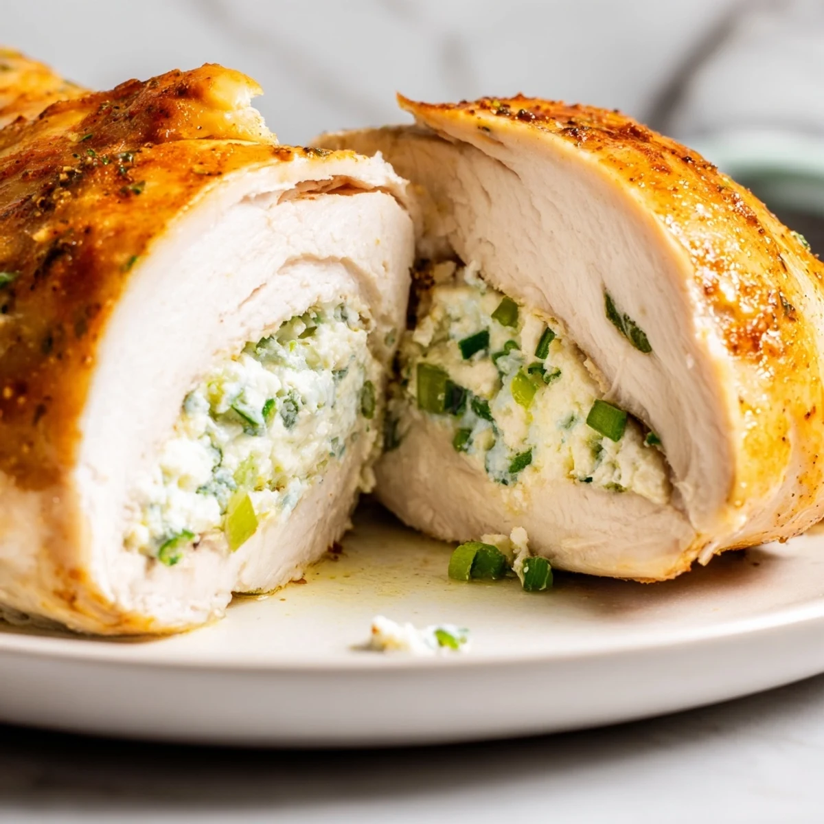 Juicy baked goat cheese chicken sliced open to reveal a bright lemon-herb filling