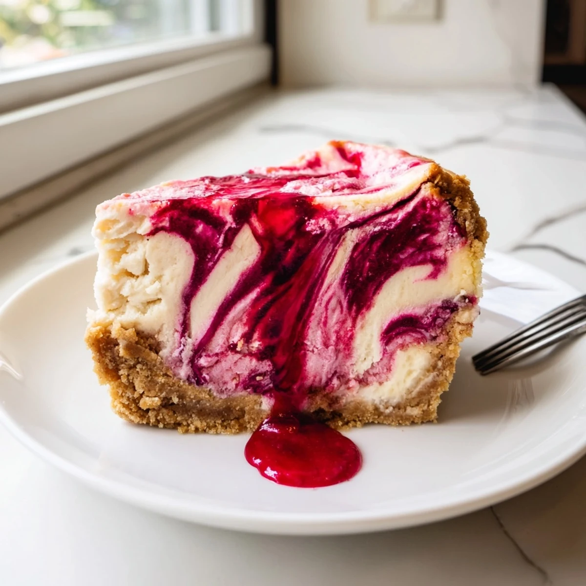 Tangy rhubarb compote rippled through smooth low-carb cheesecake topped with fresh mint