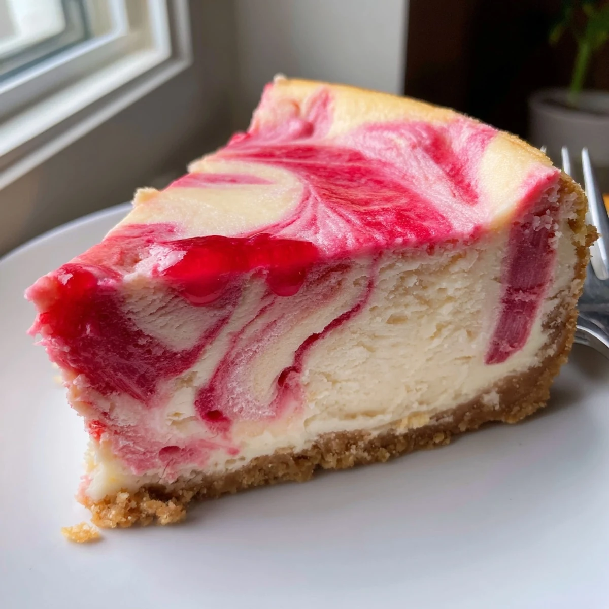 Creamy keto rhubarb cheesecake with vibrant pink swirls sliced on a rustic plate