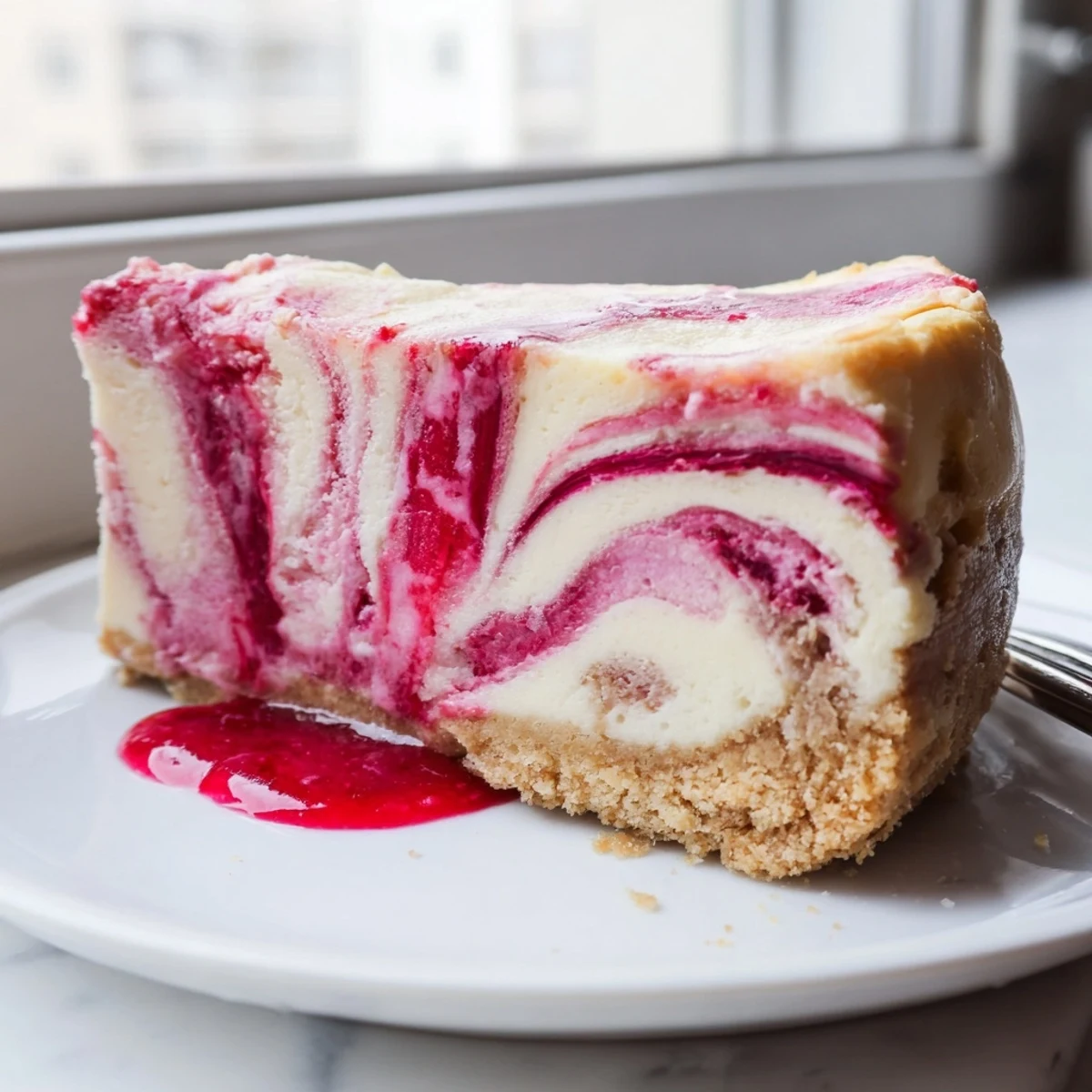 Golden almond flour crust cradles a luscious keto rhubarb cheesecake waiting to be served