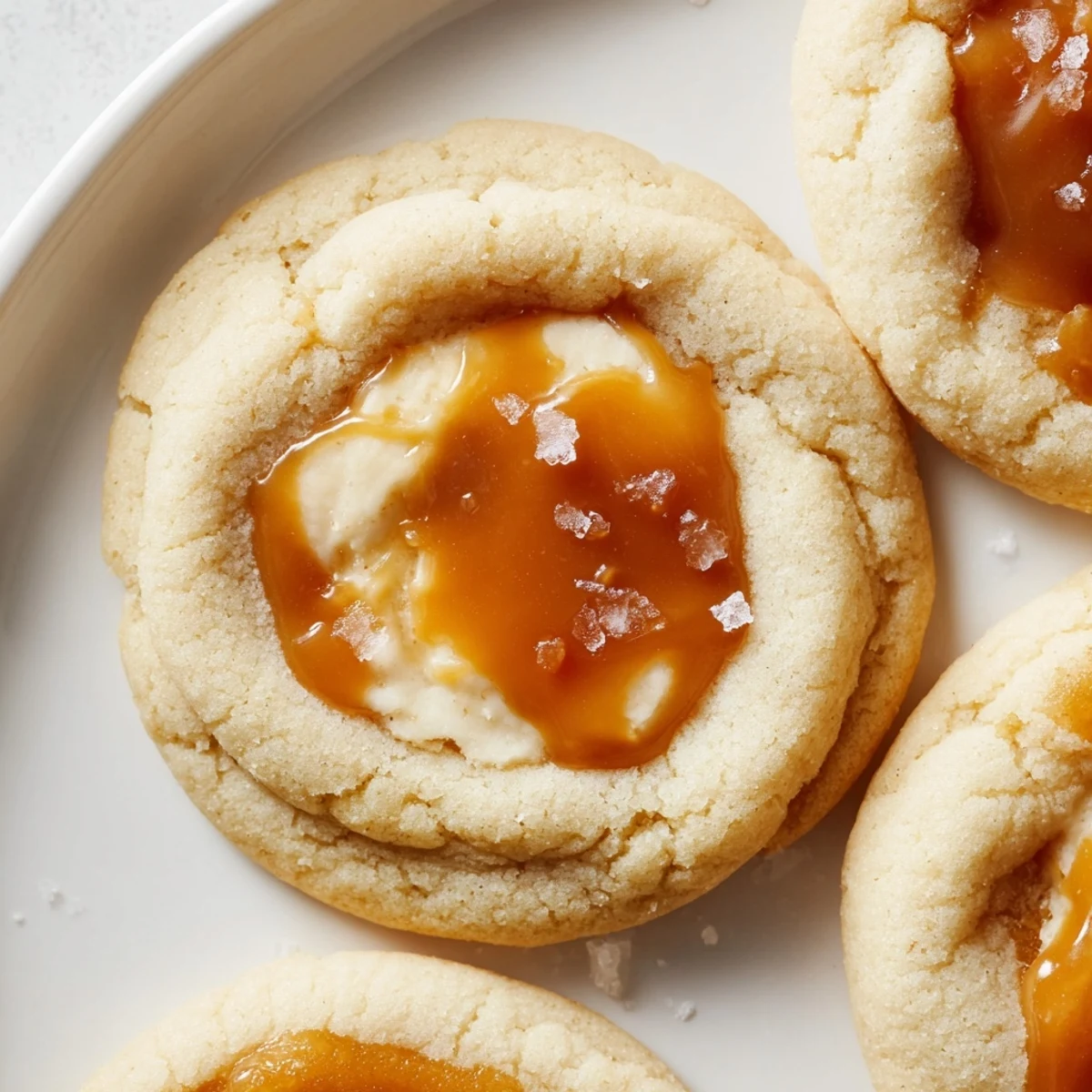Golden caramel cheesecake cookies with gooey swirls cooling on a rustic baking sheet.