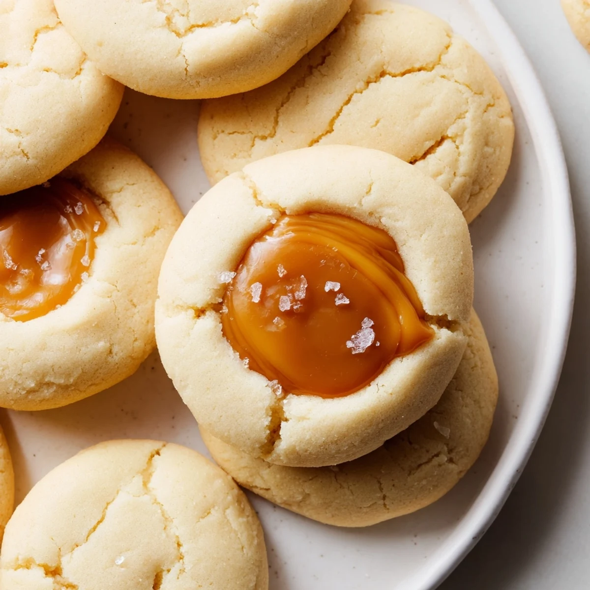 Creamy caramel cheesecake cookies with golden edges arranged on parchment for holiday gifting.