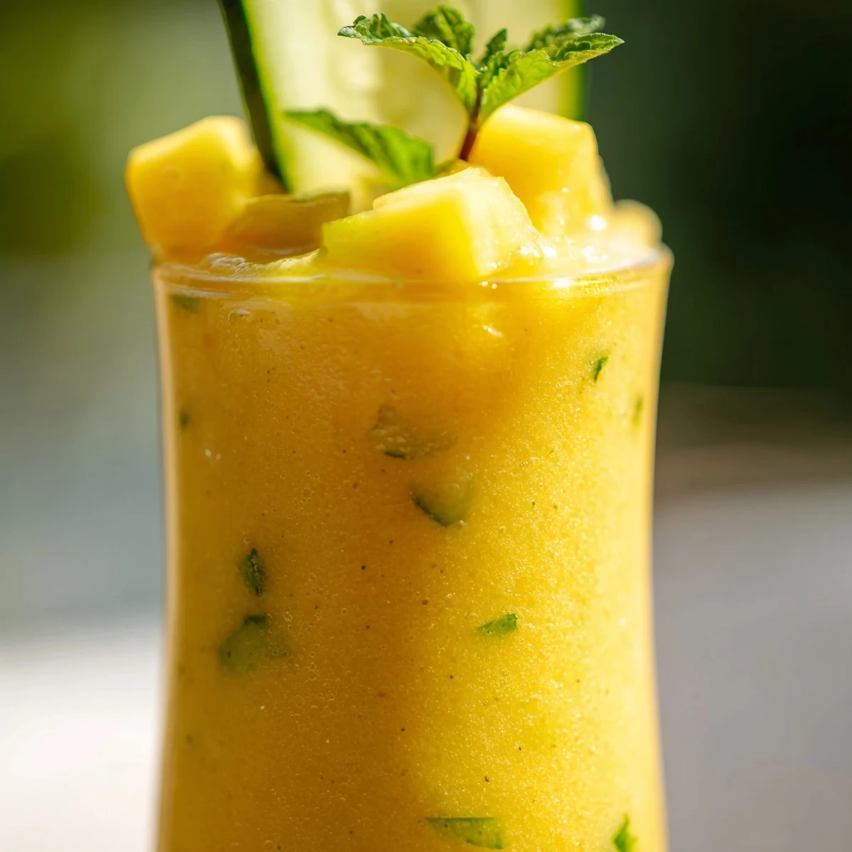 Chilled mango cucumber smoothie poured into a glass with fresh mint garnish