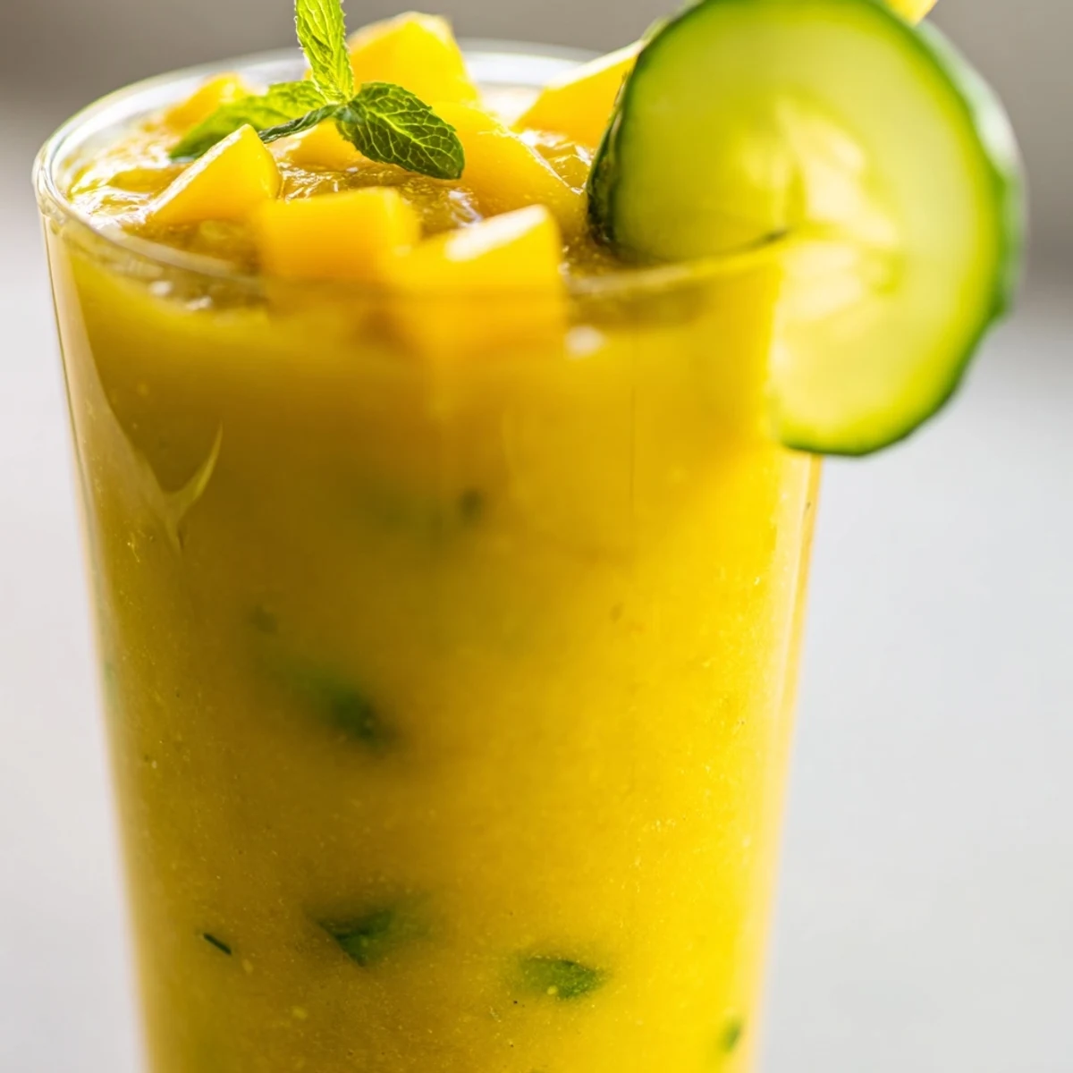 Tropical mango cucumber smoothie blended smooth and topped with a cucumber slice