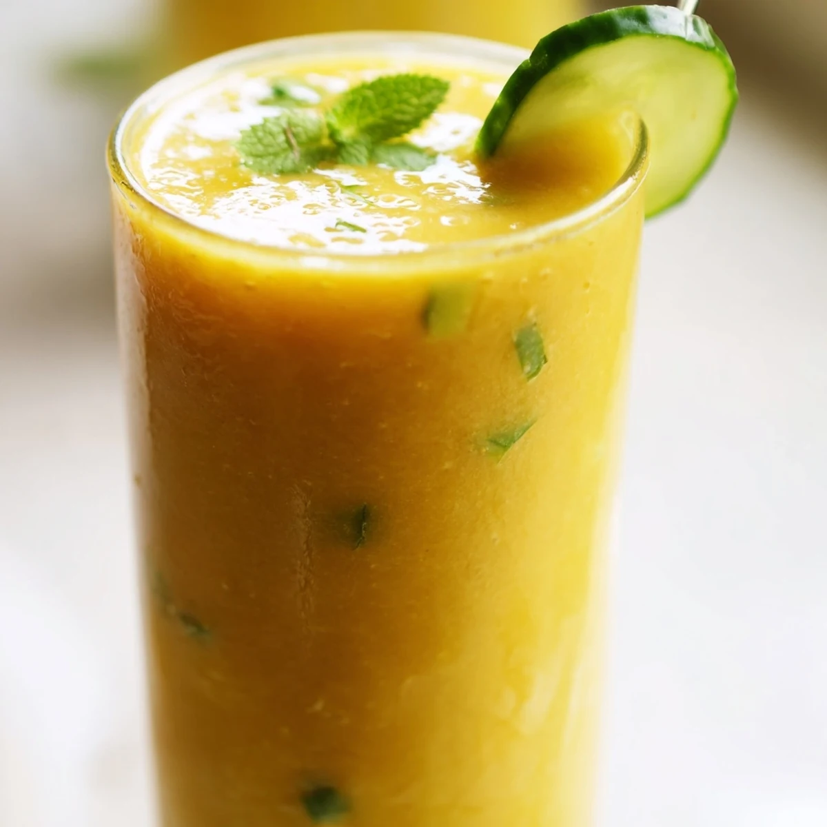 Bright yellow mango cucumber smoothie served over ice in a mason jar
