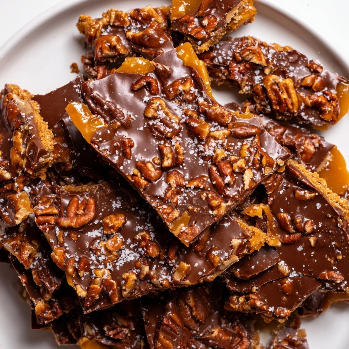 Glossy pecan pie bark topped with toasted pecans and melted chocolate on parchment