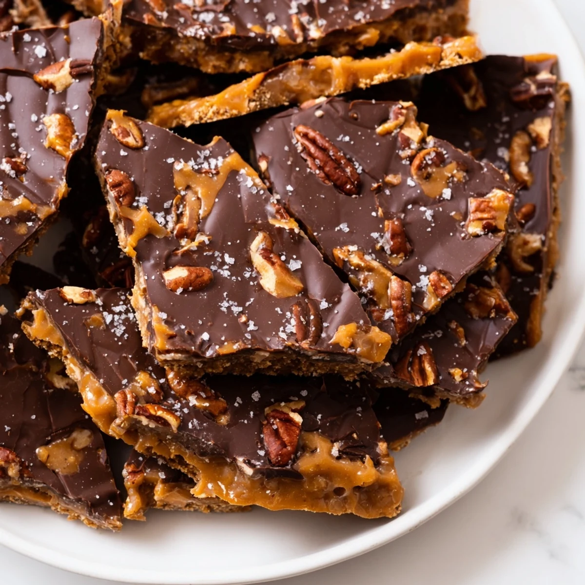Golden caramel pecan pie bark broken into rustic shards drizzled with semi-sweet chocolate