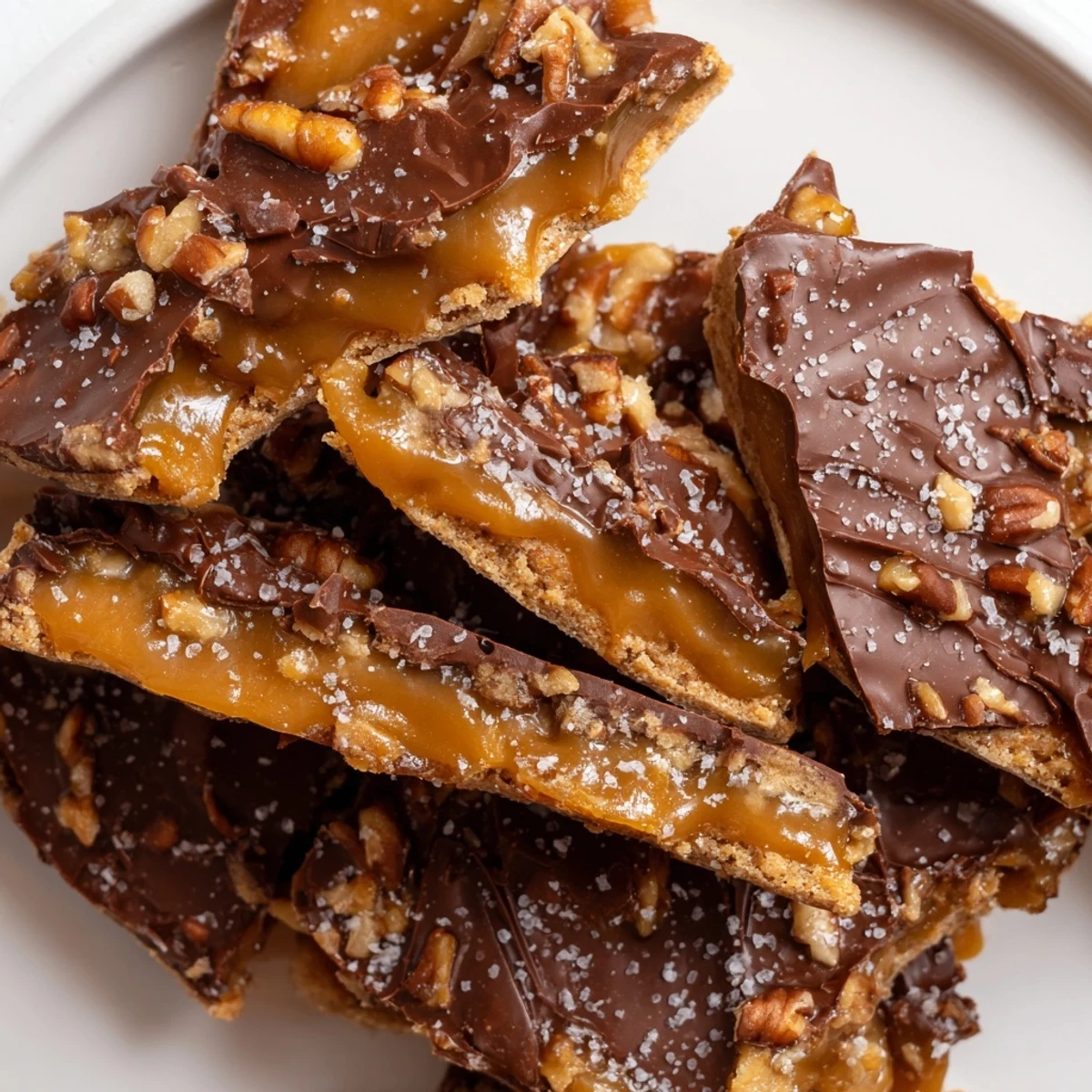 Crunchy graham cracker pecan pie bark layered with buttery caramel and roasted nuts
