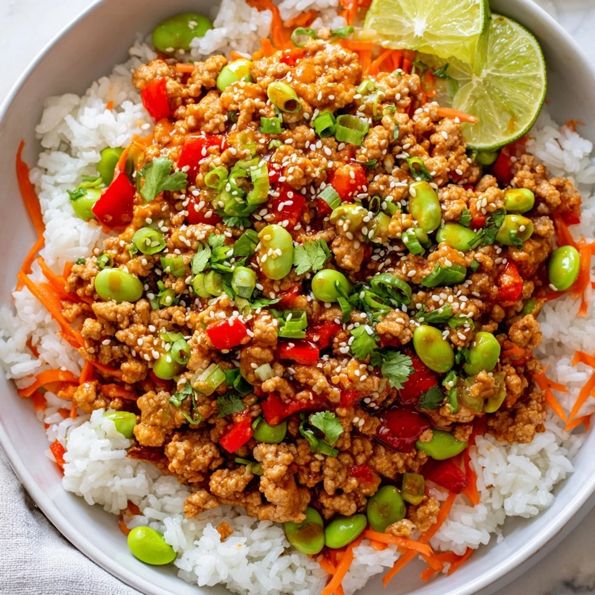 Colorful ground turkey rice bowls with tender vegetables in a savory soy glaze