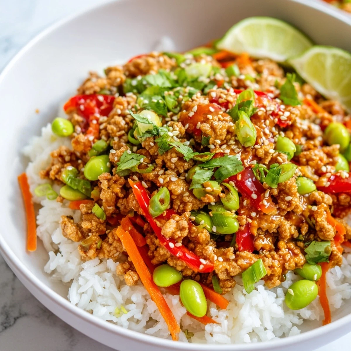 Hearty ground turkey rice bowls topped with sesame seeds, cilantro, and lime wedges