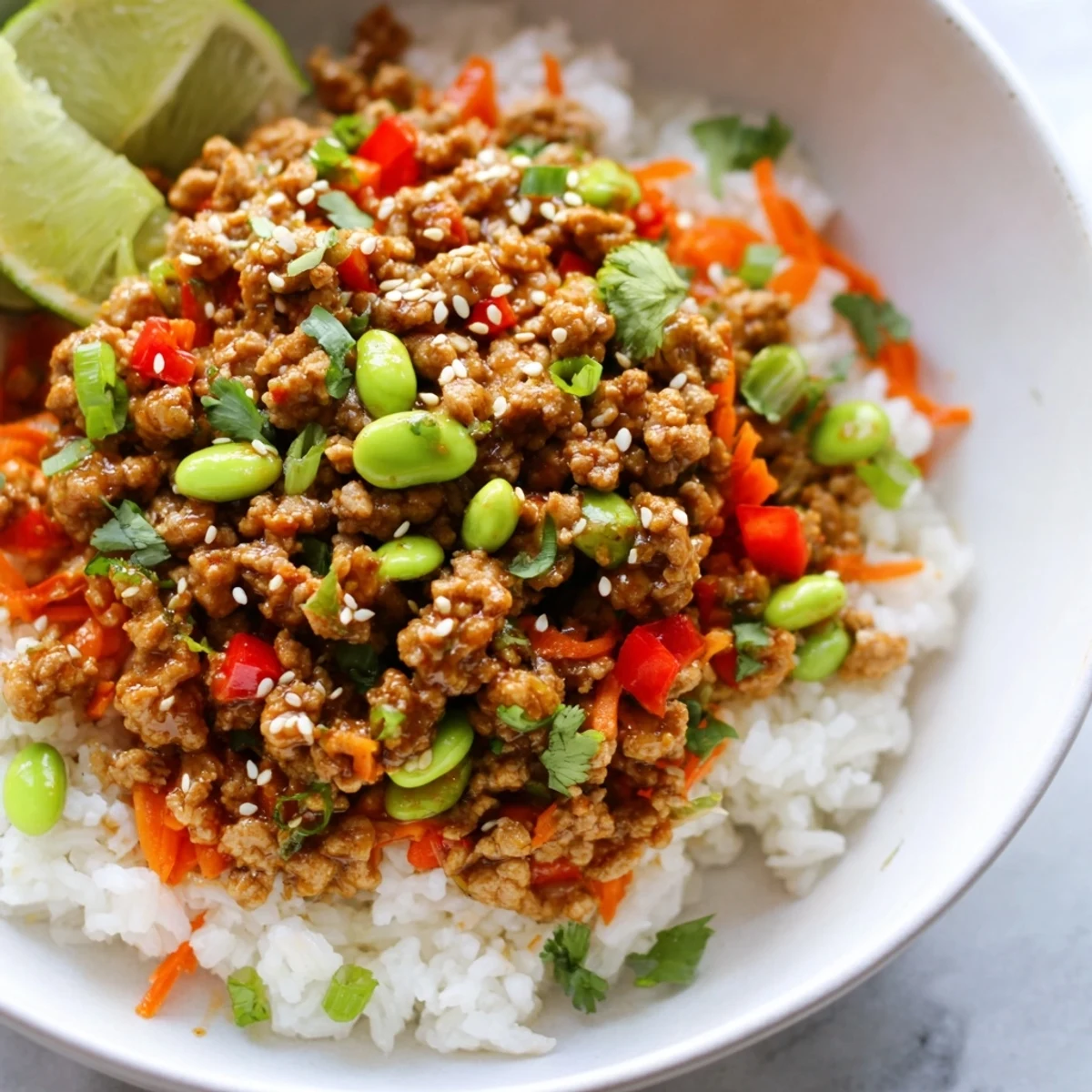 Steaming ground turkey rice bowls garnished with green onions and sriracha drizzle