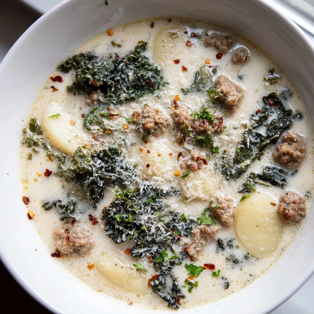 Rustic Zuppa Toscana soup ladled into bowl topped with Parmesan and parsley
