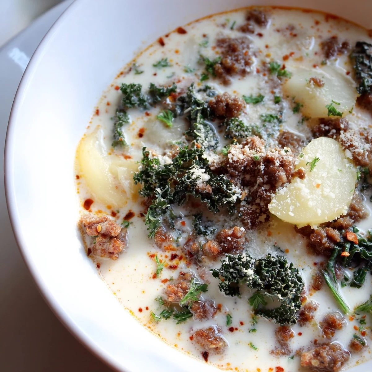 Creamy Zuppa Toscana soup with savory sausage and tender potatoes in bowl