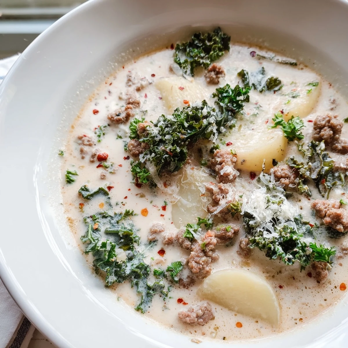 Hearty Zuppa Toscana soup featuring wilted kale and crumbled sausage in creamy broth