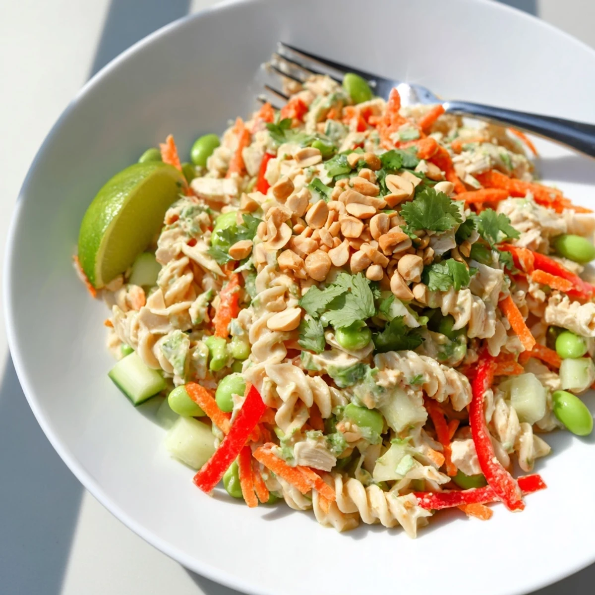 Colorful Protein Packed Thai Pasta Salad tossed in creamy peanut dressing with crisp vegetables and roasted peanuts