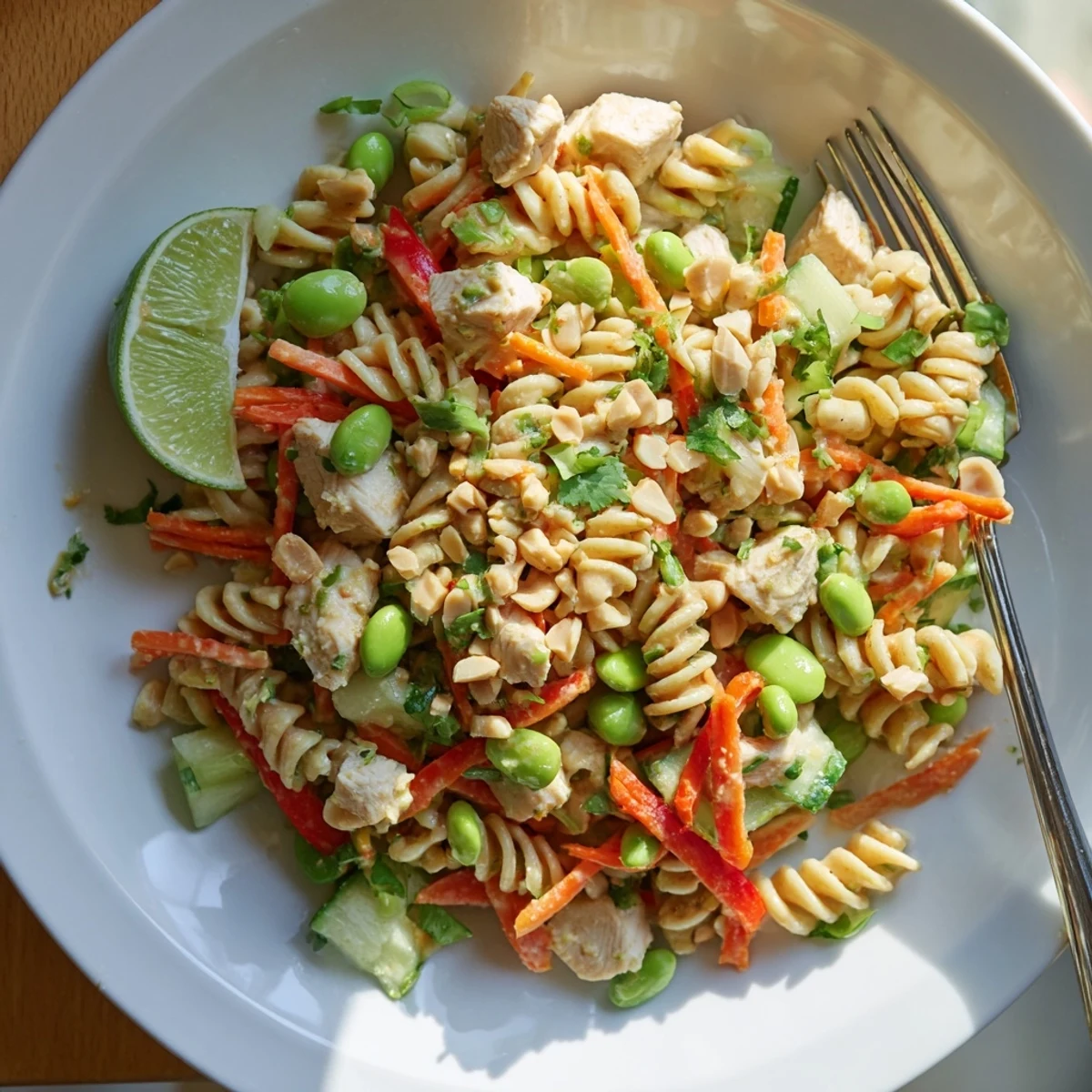 A close-up of Protein Packed Thai Pasta Salad featuring tender pasta, juicy chicken, edamame, and a glossy peanut sauce drizzle