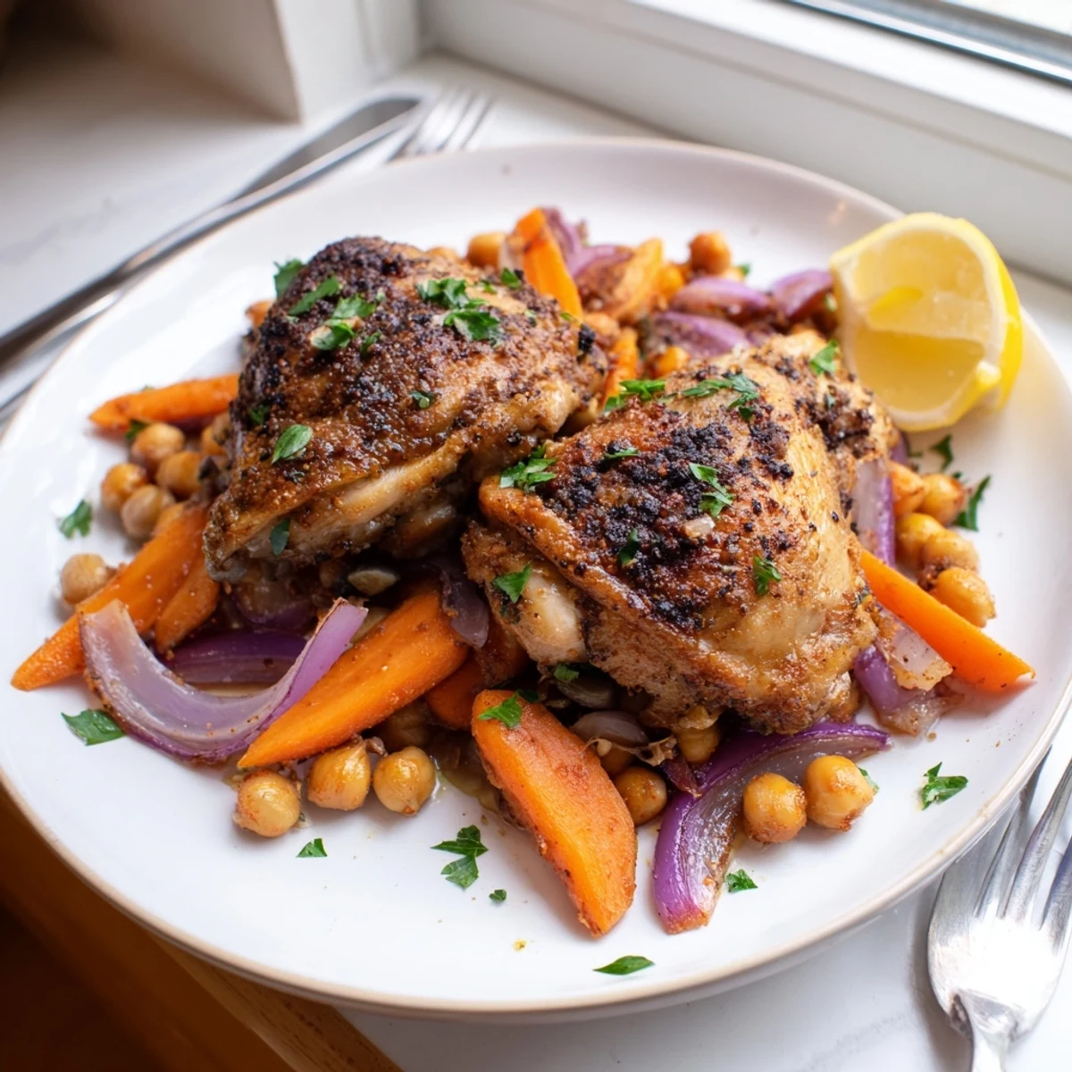 Golden sumac chicken with carrots and chickpeas roasted on a sheet pan