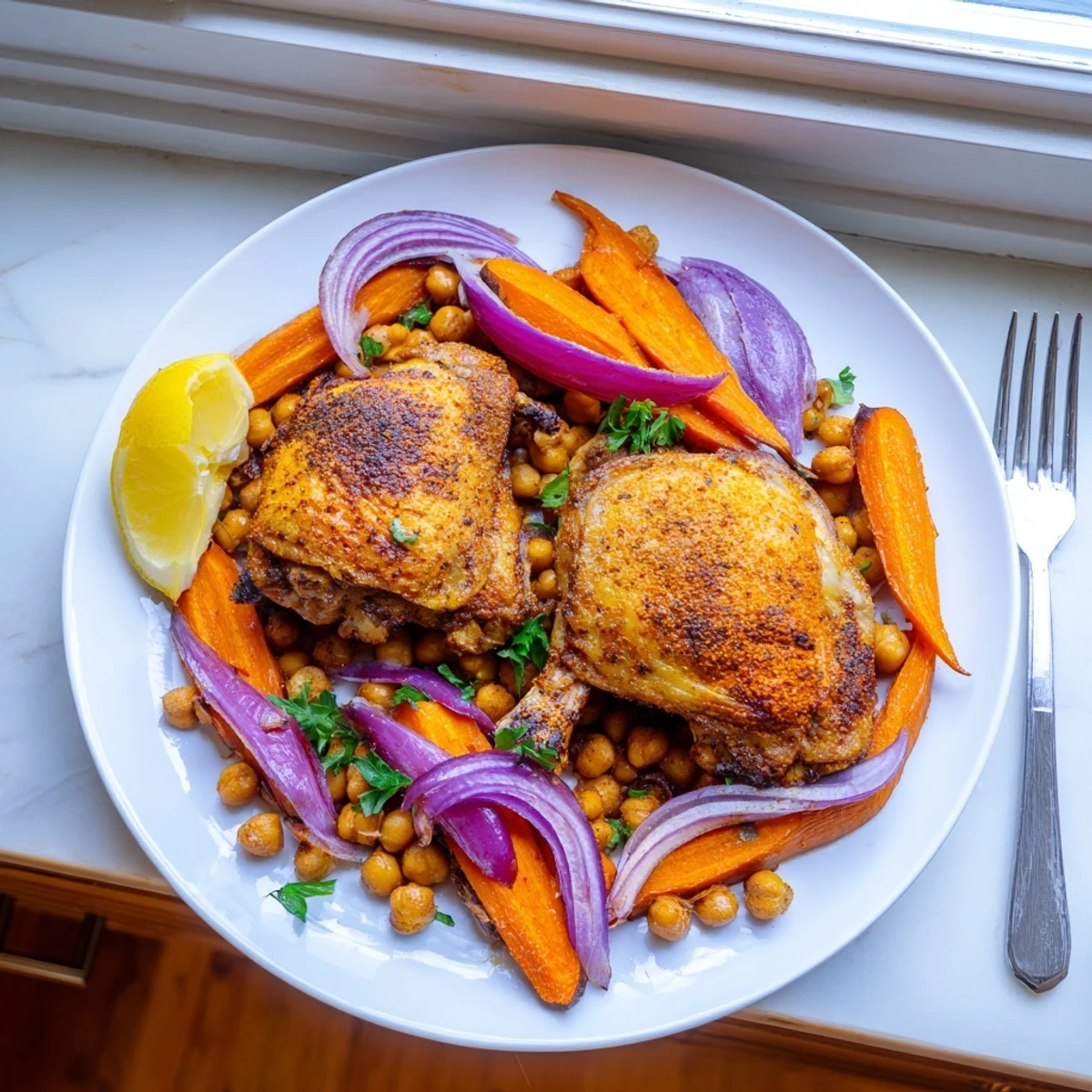 Tender sumac chicken served over caramelized carrots and crispy chickpeas on rustic dish
