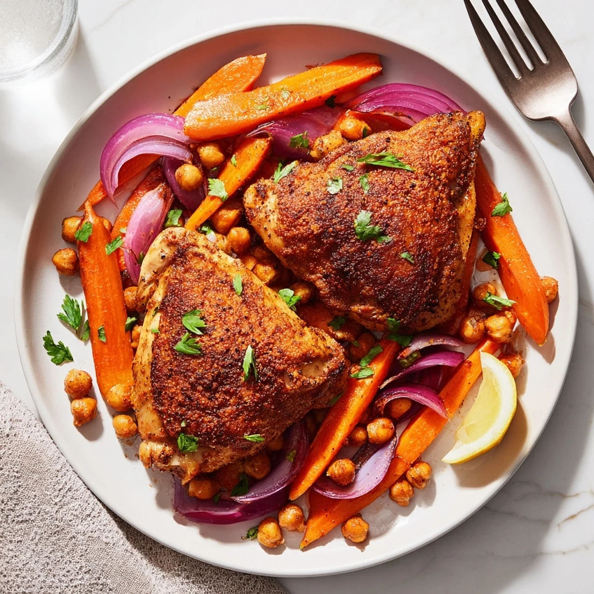 Juicy sumac chicken with roasted carrots and chickpeas garnished with fresh parsley and lemon