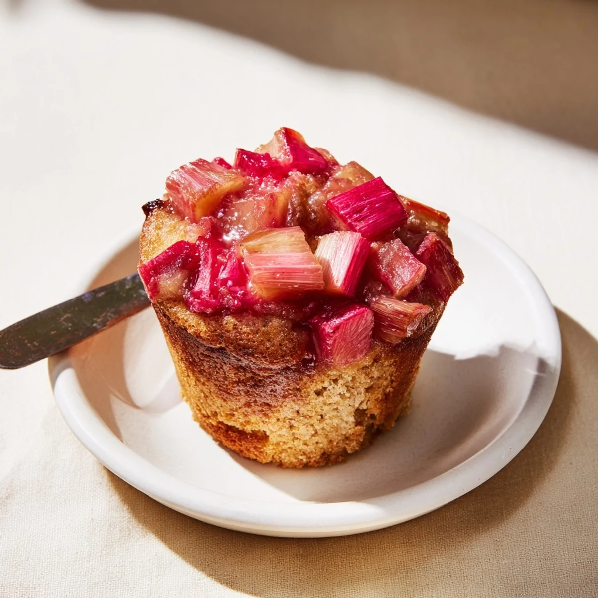 Golden upside down rhubarb muffins with caramelized fruit glistening on top, served warm on a rustic plate.