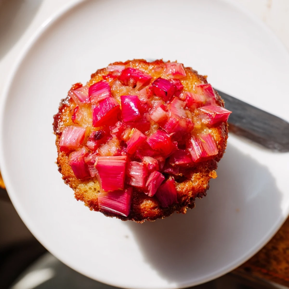 Tender upside down rhubarb muffins flipped to reveal glossy jewel-toned rhubarb crowns, perfect for spring brunch.