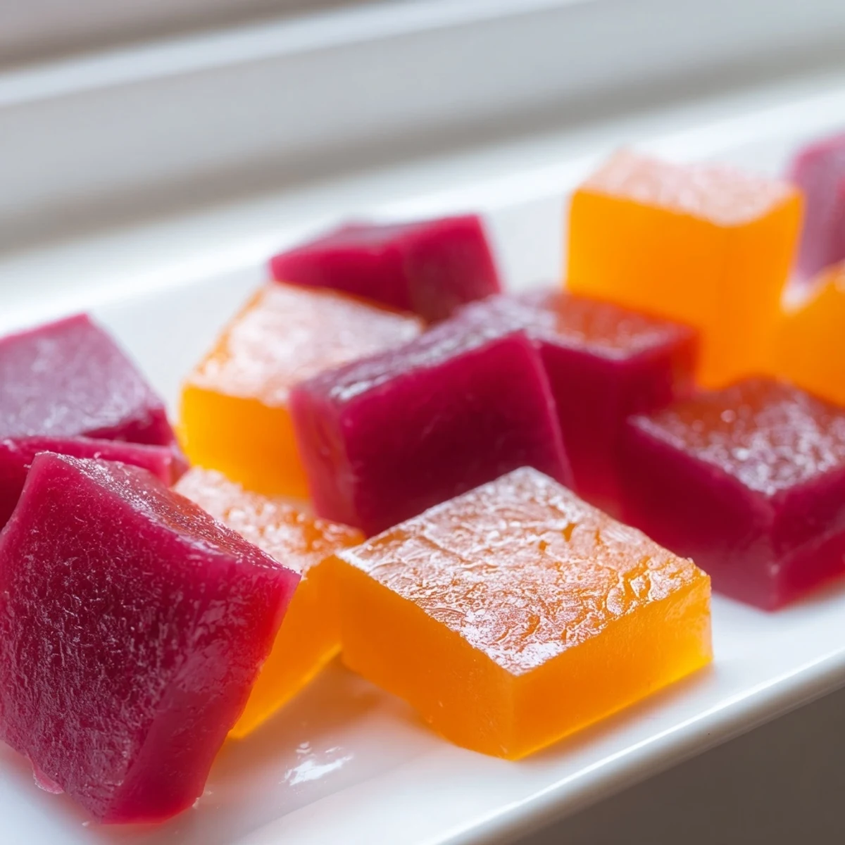 Colorful collagen fruit jellies in fun shapes on a white serving plate